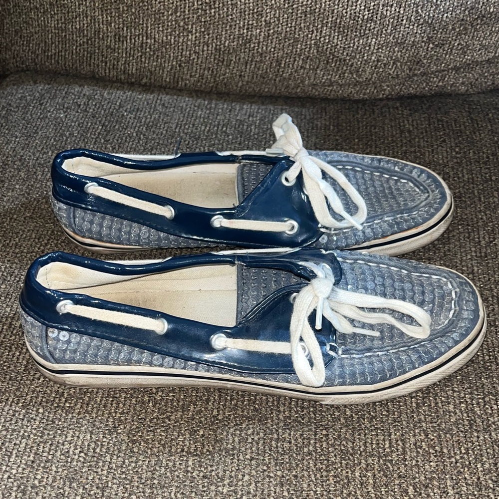 Blue sequin slip ons